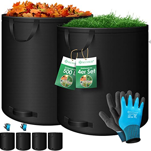 KESSER® Gartensack 4x 500L Set Laubsack Gartenabfallsack inkl. Handschuhe - Selbststehend 4 Griffe Stabil Robust & Faltbar - Laubsäcke Rasenschnitt Gartensäcke für Gartenabfälle Grünschnitt Schwarz