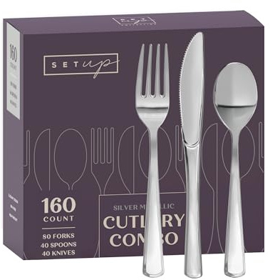 SETUP [160 Count] Disposable Silverware, Silver Combo Cutlery - 80 Forks, 40 Spoons, 40 Knives - Heavy Duty, and Durable Silver Plastic Silverware Set Great for Parties, Events and Everyday use