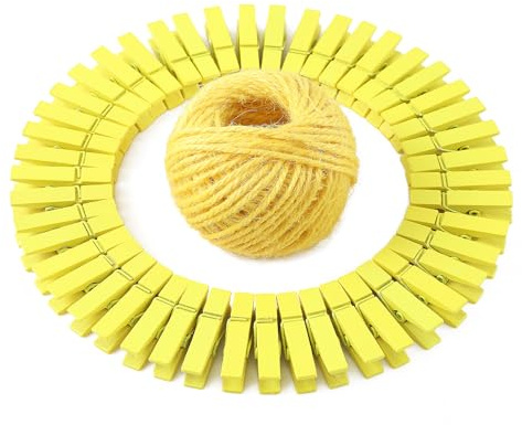 HSTECH 100 Pcs Yellow Mini Natural Wooden Clothespins and 82 Ft Jute Twine, Baby Clothes Pins, 1.38in Craft Photo Clips for Home School Arts Crafts Decor, DIY Decoration's, Arts and Crafts, Weddings