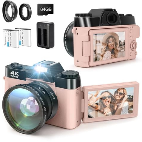 Appareil photo numérique LAMA 4K 48MP Autofocus Vlogging, appareil photo compact avec écran rabattable de 3,0 pouces à 180°, zoom numérique 16x pour YouTube avec objectif grand angle, carte SD 32 Go