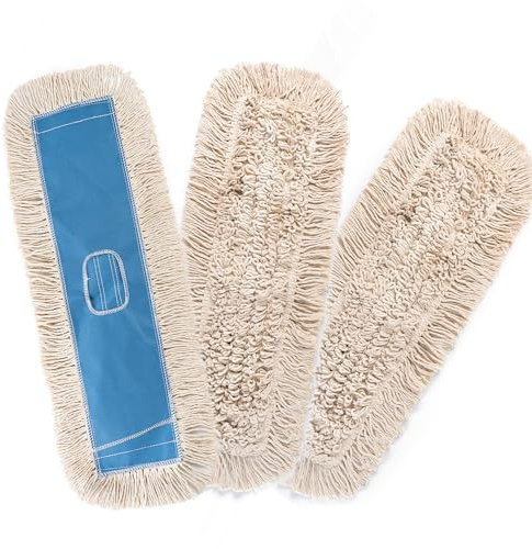 Matthew Cleaning 24'' Industrial Strength Cotton Dust Mop Refill Washable Replacement Heads for Residential & Commercial Use Fit Standard Dust Mop Frames, Hardwood,Concrete Floors Blue&White 3 Pack