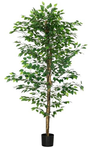 HOMCOM Ficus Artificial con Troncos Naturales 180 cm Planta Artificial con Maceta y 1260 Hojas Árbol Artificial Decoración para Hogar Salón Oficina Verde