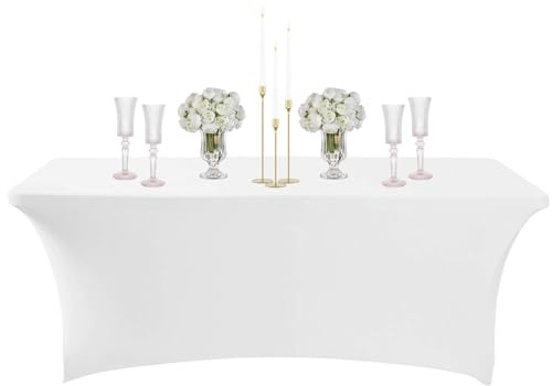 COSORO 6ft Spandex Tablecloths Stretchable Tablecloth White for Rectangle Table,Washable Fitted Table Cloth Spandex Stretch Patio Table Cover for Event,Wedding,Banquet,Halloween Party,Covering Stalls