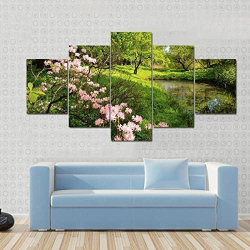Wall Art Canvas Pictures Modular Poster 5 Pieces Spring Pond And Rhododendrons Paintings Hd Print Decor Modern Room Living Room Bedroom Hotel Kids Room Gallery (Xxl/With Frame 200 X 100 Cm -9G9A/H6P
