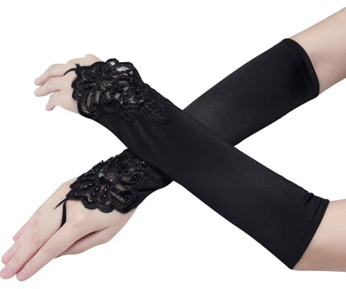 URFEDA Lange Spitzen Handschuhe für Damen Vintage Spitzen Brauthandschuhe, Fingerlose Strass-Spitzenhandschuhe für Hochzeit Oper Damen Accessoires