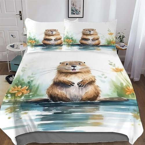 Beaver 3D Duvet Cover Bedding Set with Pillowcases Cosy Super Soft Bed Linen Quilt Cover 3 Pcs for Kids, Youth And Adult Brushed Microfiber Comforter Cover Double (200x200cm)