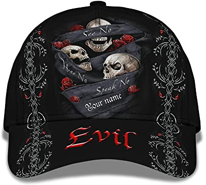 Capatmungsaktive Mütze Blumen Totenkopf 3D Personalisieren Sie Den Namenstext Mit „Sehen, Nicht Hören, Nicht Sprechen, Kein Zitat“ Trucker Baseballcap Baumwolle Baseballkappe Casual Golf Caps