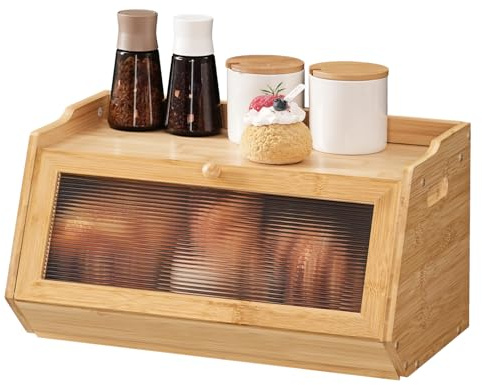 HOOBRO Bread Box, Bamboo Bread Box for Kitchen Countertop, Farmhouse Bread Storage Box with Acrylic Window, Bread Holder with Drop-Down Door, for Food Storage, Natural EYL30MB01