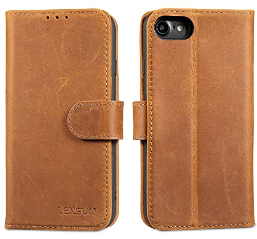 LENSUN Hülle für iPhone SE 2020/2022, iPhone 7/iPhone 8 - Vintage Braun | Echtleder Handyhülle, Echtes Leder Brieftasche, 2 Kartenfächer Handytasche, Flip Lederhülle, Bookstyle Wallet
