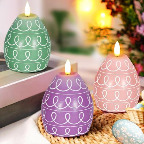 Leorate 3PCS Easter Egg Flameless Candles – 5.2 Battery Operated LED Egg Candles with White Wave Pattern, Green Purple Pink Real Wax Finish, Flickering Flame for Easter Table Centerpiece Spring Home