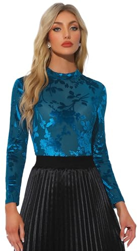 Allegra K Blouse en Velours Femme Imprimé Floral Haut en Maille Chemisier à Col Montant Pull élastique à Fleurs Haut à Manches Longues Demi-Transparents Bleu S