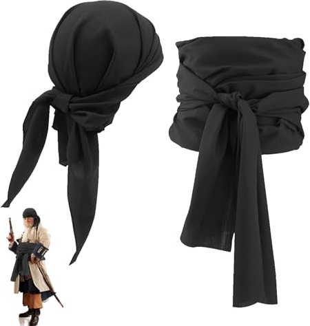 Piraten Kopftuch Damen,Pirat Tuch Schärpe Schwarz Piratin Kostüm Zubehör | Herren Bandana Accessoires Set, Pirate Jack Captain Stirnband Belt Carnival Costume, für Halloween Carnival Cosplay