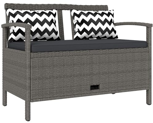 Outsunny 2 Seater Garden Storage Bench PE Rattan with 160L Capacity Grey | Wicker Outdoor Bench Loveseat, Cushion, Pillows, Steel Frame, Patio