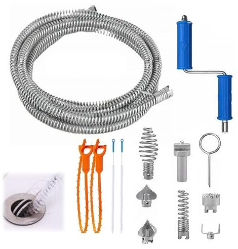 Drain Snake Unblocker Tool, Toilet Unblockers 5m Length, With 8 Pieces Drains Cleaner Cutting Head Manual Adapter Sink and Outdoor Cleaner for Toilets Sinks and Pipe Blockages