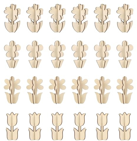 Kotkiddy DIY 3D Blumen Frühlings Holzhandwerksprojekte zum Anmalen für Kinder und Erwachsene, Malbare Unbearbeitete Holz Scheiben für Handwerksprojekte, Blumen Ausschuss Schmuck (24 Stück)