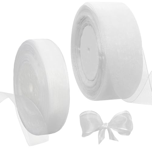 2 Rollen Organzaband Weiß 45m Organza Bänder, Breit Geschenkband Weiss | 2cm/4cm Schimmernd Schleifenband, Transparent Dekoband für Party Hochzeit Geschenke Basteln Dekoration