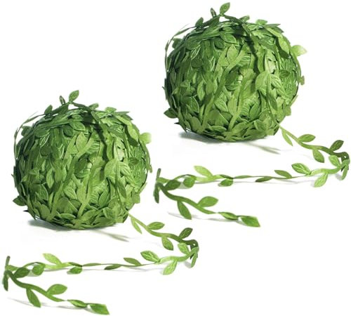 2 Pcs Artificial Leaves, Vines Leaves String, Green Leavess Ribbon Trim for Party Balloon Wedding Garden Home Decoration, DIY Craft, Faux Leaf Garland for Floral Arrangement, Table, Event Supplies