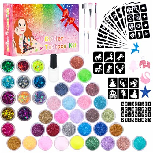 Glitzer Tattoo Set Kinder – 30 Farben Temporäre Glitzertattoos mit 207 Schablonen, 12 Pailletten, 5 Pinseln & 2 Klebern, Tattoo Kinder Set für Mädchen Jungen, Kindergeburtstag Party Bastelset
