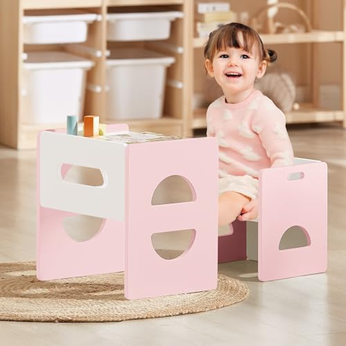 FUNLIO Juego de Mesa y Silla Montessori de Altura Ajustable para Edades 1-3, Juego de Mesa y Silla de Madera Maciza para Niños Pequeños, para Leer/Comer/Jugar - Rosa