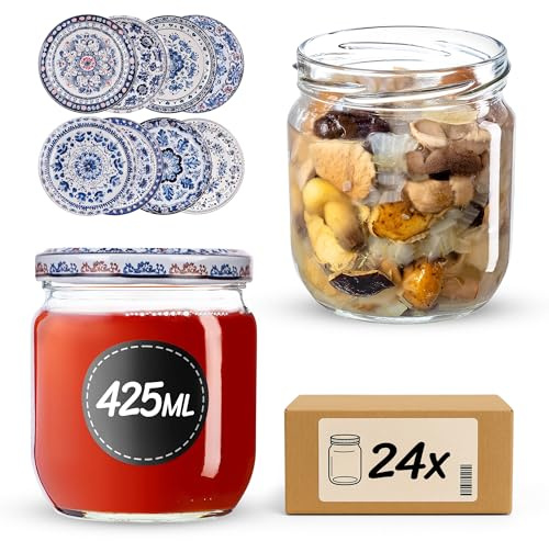 KADAX Einmachgläser 425ml TO82, Sturzgläser Mason Jar mit Schraubdeckel, Luftdichte Twist-off Gläser, Meal Prep, Overnight Oats, Sauerteig (Blau/Weiß, 24 Stück)