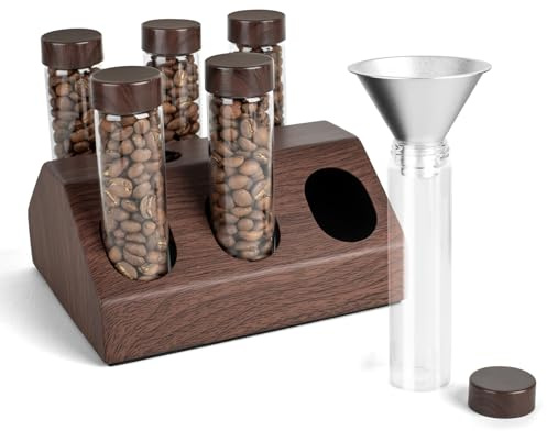 Guolich 6 Tubi di Vetro per la Conservazione dei Chicchi di Caffè, Contenitori per la Conservazione dei Chicchi di Caffè Monodose con Supporto in Acciaio Inox, e Imbuto