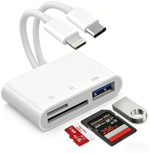 Lector Tarjetas SD para iPhone/iPad/Android/Camera, Adaptador Tarjetas de Memoria con Conectores USB C y Lightning Doble Ranura para MicroSD/SD/USB, Adaptador Tarjeta SD Cámara Digital