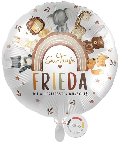 balloa Personalisierter Ballon mit Namen, Geschenk zur Taufe, Folienballon mit Safari Tieren und Regenbogen, Helium Luftballon für Mädchen oder Jungen, Deko Taufe, Taufgeschenk Geschenkidee, 33cm