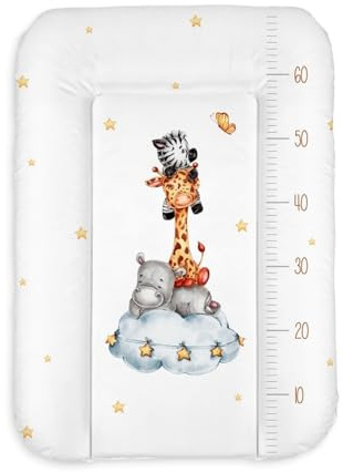 Materassino fasciatoio 50x70 cm, bianco con animali safari – impermeabile e lavabile, morbido per neonati – cuscino fasciatoio per cassettiera – materassino cambio pannolino, facile da pulire