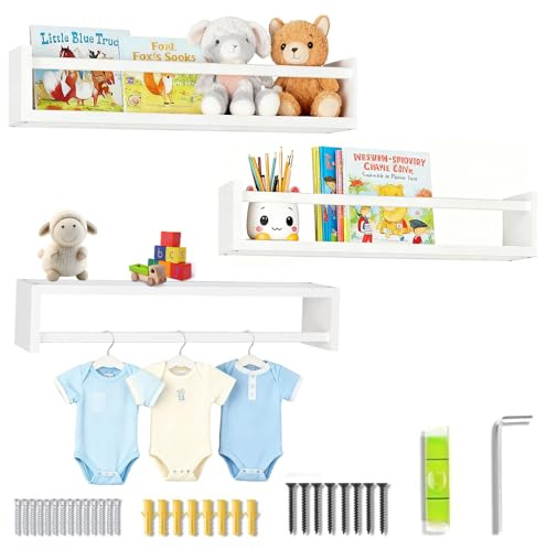 Nzkeuf Bücherregal Kinder Wand, 3 Stück Wandregal Kinderzimmer, Massivholz Wandregal Bücher für Kinderzimmer, Schlafzimmer, Wohnzimmer, Badezimmer, Küche und Mehr