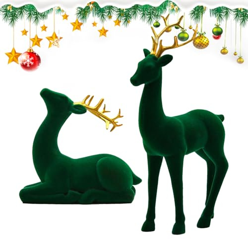 caiduos 2 Stück Weihnachten Rentier Figuren, Beflockte Rentier Figurens, Beflockte Hirschfiguren, Rote und Grüne Ästhetische Stehende und Sitzende Hirsch Statue, für Wohnzimmer, Kaminsims, Büro