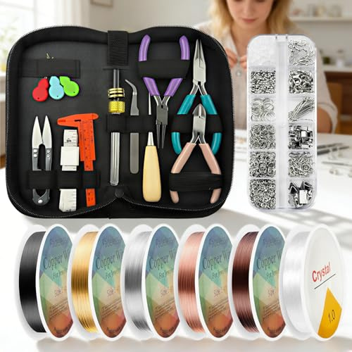 Schmuckherstellungszubehör-Set: DIY-Werkzeuge mit Zangen, Drähten, Anhängern und Erkenntnissen für handgefertigte Armbänder, Halsketten, Ohrringe – Reparaturset für Heimschmuck für erwachsene Bastler