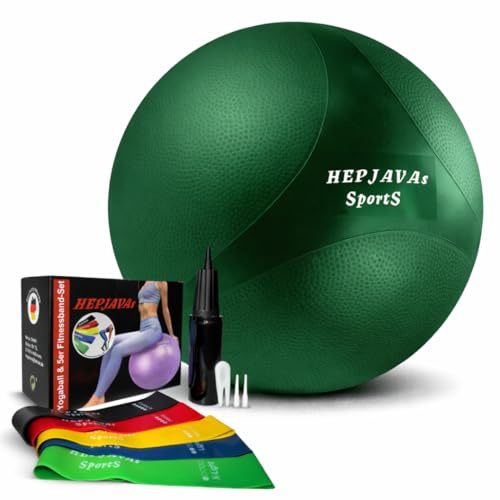 HEPJAVAs Sports Gymnastikball & 5er Fitnessband-Set – Anti-Burst Yoga Ball inkl. 5 Widerstandsbänder, Pumpe & Zubehör – für Gymnastik, Yoga, Pilates, Fitness & Büro (Verschiedene Größen & Farben)