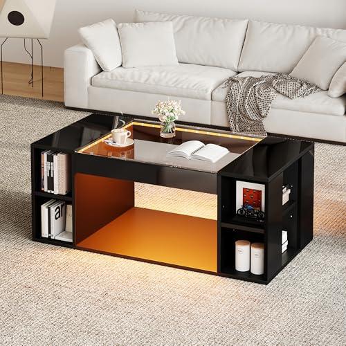 FammyLoft Couchtisch mit LED, Hochglanz Coffee Table mit Ausgehöhlter, Moderner Kaffeetisch mit Tischplatte aus Gehärtetem Glas, Sofatisch, Wohnzimmertisch, für Living Room, 100 * 50 * 40cm, Schwarz
