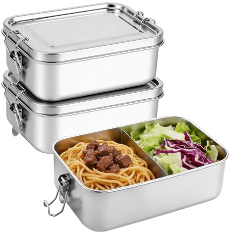 2 Stück Brotdose Edelstahl mit Fächern, 850ml, Auslaufsicher Dichtungsring | Edelstahl Bento Box Lunchbox für Kinder Erwachsene, Brotzeitdose mit Abnehmbarer Trennwand für Reisen Arbeit Picknick