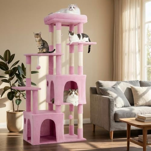 Katzenbaum 155 cm für Große Katzen – Kratzbaum mit Extra Großer Liegefläche, 2 Katzenhöhlen, Mehrstöckiger Kletterbaum für Maine Coon & Erwachsene Katzen, Sisal Kratzsäulen mit Spielzeug, Rosa