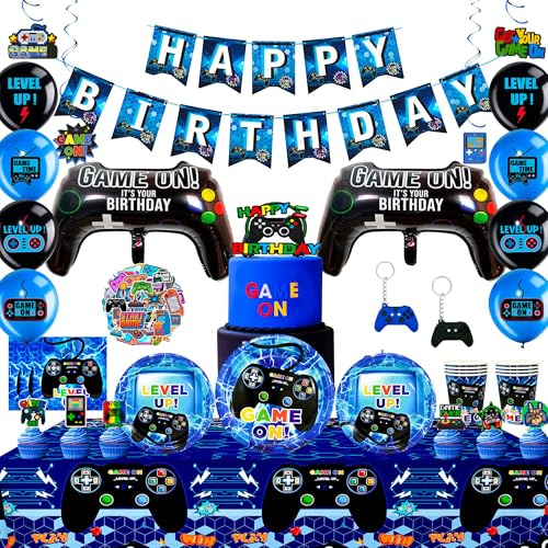 151 Stück Video Game Partygeschirr Set, Gaming Deko Videospiel Geburtstag Party Servietten Pappteller Kindergeburtstag Tassen Set für Junge Geburtstagsdeko