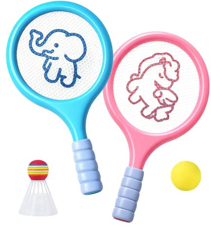 2 Pack Kids Badminton Rackets Set With Shuttlecock & Tennis Ball, Kids Tennis Rackets For Children Indoor Outdoor Sports Games, Children Cricket Bat For Garden, Beach, Park Play