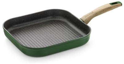 Monix Amazonia | 28-cm-Grill mit Streifen, geschmiedetem Aluminium, dreischichtiger Antihaftbeschichtung, PFOA-frei, Vollinduktionsboden, Bakelit-Griffen und Soft-Touch-Beschichtung in Holzoptik