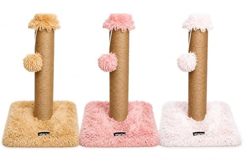 Gloria Tiragraffi per Gatti in Sisal con Pompon, Colonna Grattatoio con Base Pelosa Morbida, Palo Anti Graffio 55cm o 80cm, Beige Rosa Bianco (Rosa, 39x39x80h)