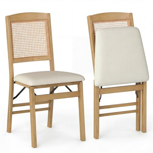COSTWAY Klappstühle 2er Set, Rattan Esszimmerstühle klappbar, Küchenstühle | Polsterstühle, gepolsterter Sitz, Massivholzrahmen, bis 180 kg belastbar, armlos, Esszimmer, Küche, Wohnzimmer