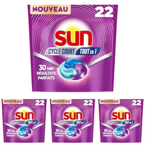 SUN Capsules Cycle Court Dès 30 Minutes - Tout en 1 - Tablettes Lave-Vaisselle - Nettoyage Parfait en 30 minutes Sans Résidu - Parfum Frais Discret - Pastilles Lave-Vaisselle en Gel - 22 Lavages