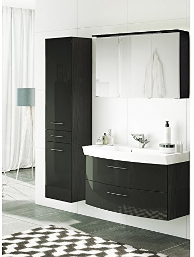 Lomadox Badmöbel Waschplatz Set in Hochglanz grau mit 100cm Waschtisch mit Softclose-Auszügen, LED Spiegelschrank und Hochschrank