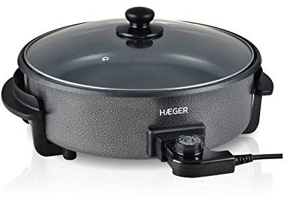 HAEGER Top Gourmet 36 - Paellera, Sartén Eléctrica para Paella y Pizza, Cazuela Multiusos con Tapa de Vidrio, 5 Niveles con termostato y Antiadherente (1500W)