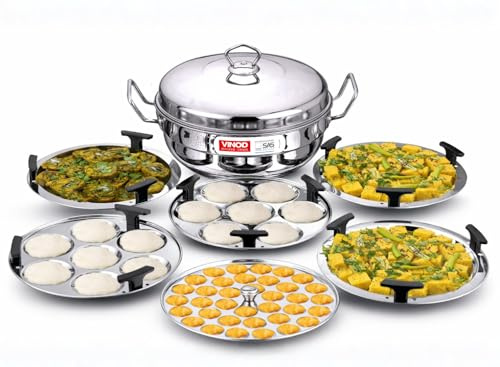 Vinod Deluxe Stainless Steel Multi Kadai 26cm with 6 Plates – Idli, Dhokla, Patra, Mini Idli Maker | Induction Compatible Steamer with Lid – Silver