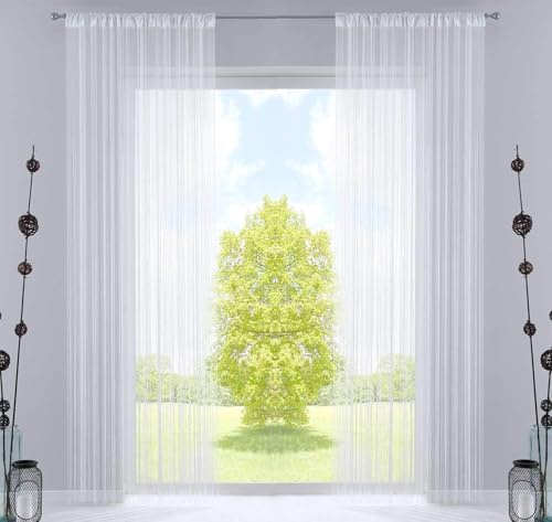 2er Set Fadengardine, HxB 250x140 cm, Weiß Lurex mit Tunneldurchzug und eingenähtem Kräuselband, geeignet für Gardinenstangen und Gardinenschienen Fadenvorhänge Fadenstores Raumteiler, 20303CN2