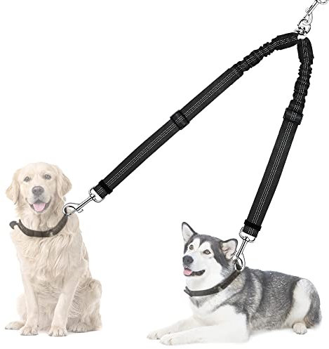 Nasjac Doppelte Hundeleine, kein Verheddern 360° drehbarer Splitter Doppelleine fur Zwei Hunde, verstellbare stoßdämpfende Bungee-reflektierende Leine für Hunde klein mittlere und große Lauftraining