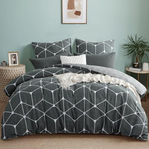 RUIKASI Bettwäsche 200x200 Baumwolle 3 teilig Anthrazit - Baumwollbettwäsche 200 x 200 mit Geometrie Muster, Bettbezug Set Cotton mit Reißverschluss