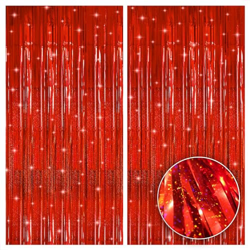 KatchOn, XtraLarge - Iridescent Red Streamers Party Decorations - 3.2x8 Feet, Pack of 2 | Christmas Decorations | Shiny Christmas Fringe Backdrop | Red Christmas Decorations