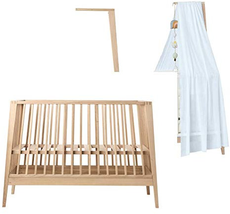 Linea Babybett in Eiche mit Himmelgestell Eiche und Himmel dusty blue OHNE MATRATZE