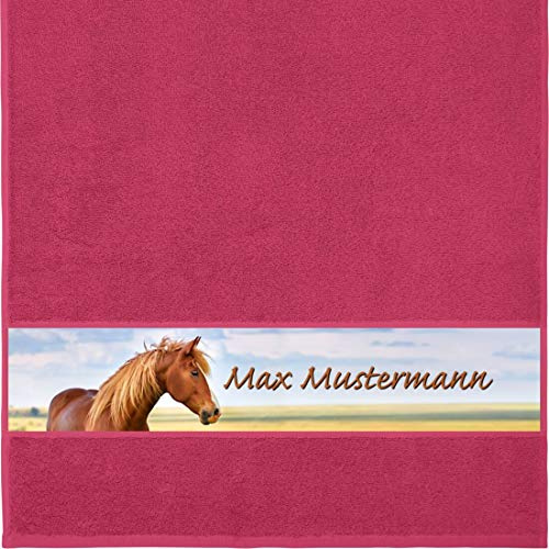 Manutextur Handtuch mit Namen - personalisiert - Motiv Tiere - Pferd - viele Farben & Motive - Dusch-Handtuch - Fuchsia - Größe 50x100 cm - persönliches Geschenk mit Wunsch-Motiv und Wunsch-Name